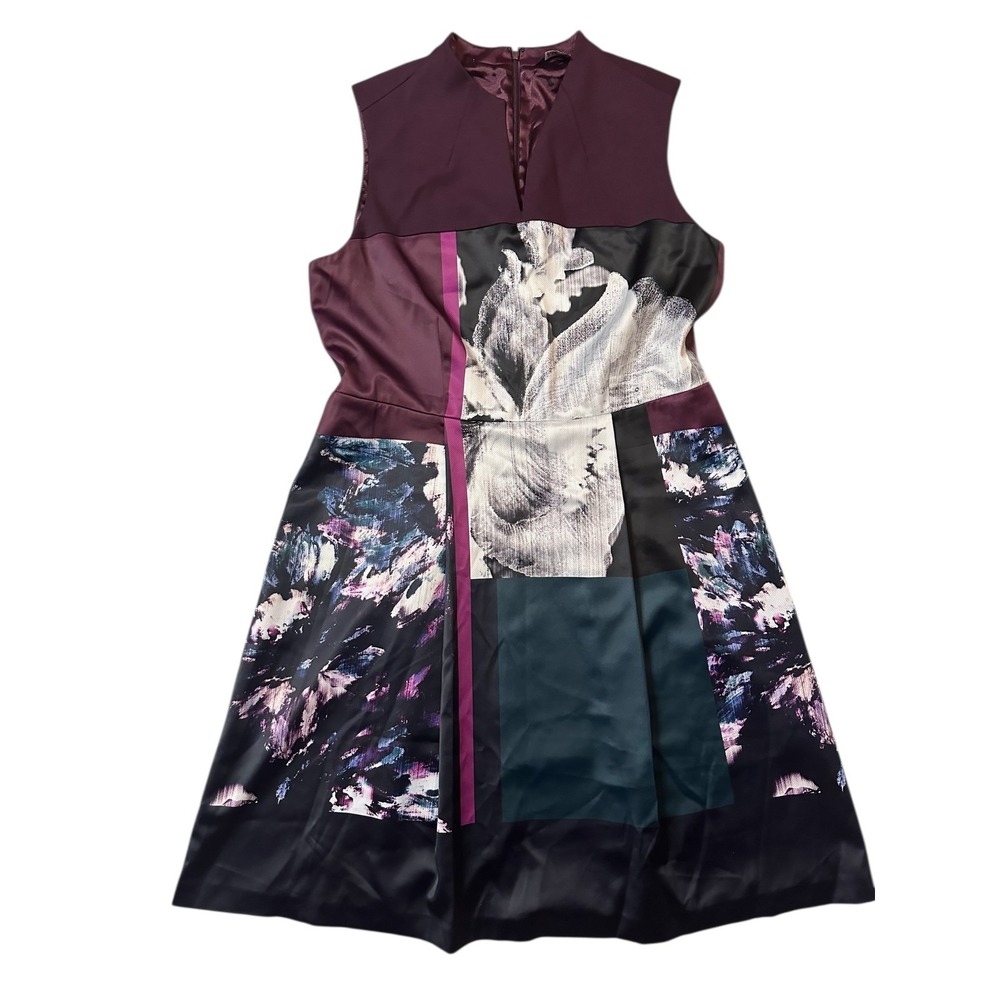 Ellen Tracy A-Line Dress Women's 14 Abstract Floral Print Patchwork Sleeveless